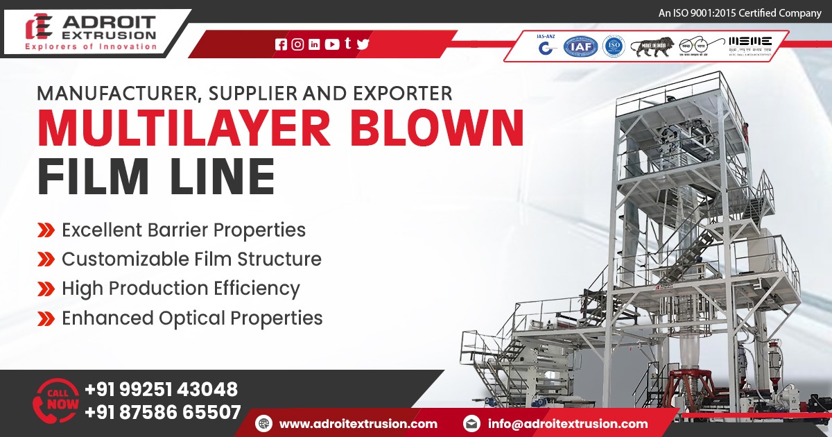 5-layer vs 7-layer multilayer blown film line comparison showing polymer layer structure, packaging applications, and industrial extrusion process by Adroit Extrusion.