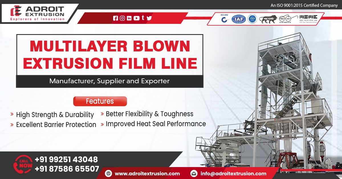 High-performance multilayer blown extrusion film line machine by Adroit Extrusion for flexible plastic packaging production.